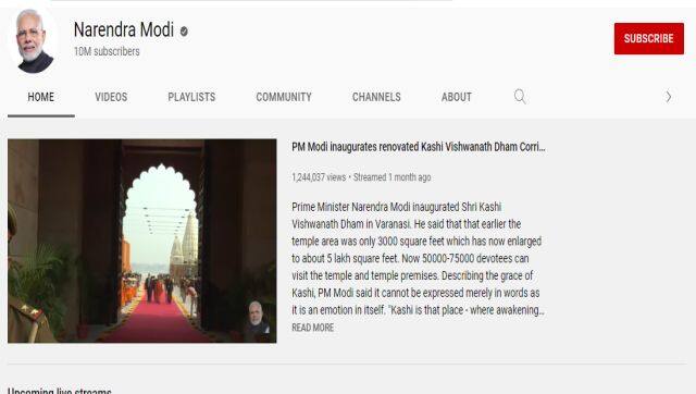 A screenshot of Prime Minister Narendra Modi's YouTube page. Image Courtesy: Narendra Modi/YouTube