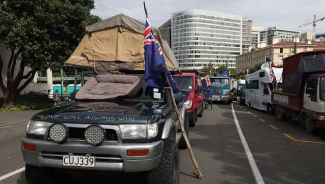 Vehicles block the streets around the parliament building in Wellington. AFP