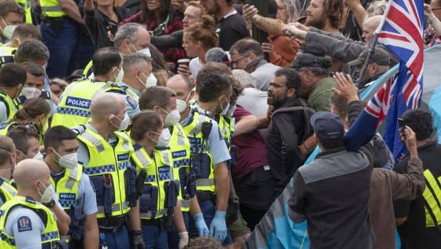 Police arrest people protesting against coronavirus mandates at Parliament in Wellington. AP