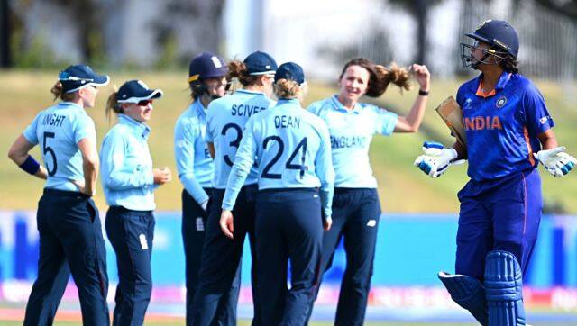England players celebrate the wicket of Jhulan Goswami. India were bundled out for just 134 inside 37 overs. Twitter @cricketworldcup 