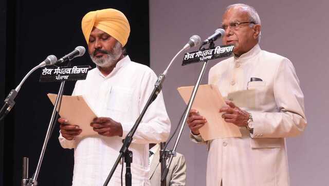 Harpal Singh Cheema takes oath in Punjab on Saturday. Twitter/@AamAadmiParty
