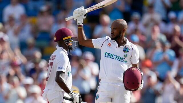 West Indies' captain Kraigg Brathwaite celebrates scoring a century against England. AP