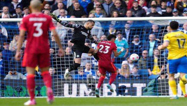 Liverpool's Luis Diaz, right, scores his side's first goal against Brighton. AP