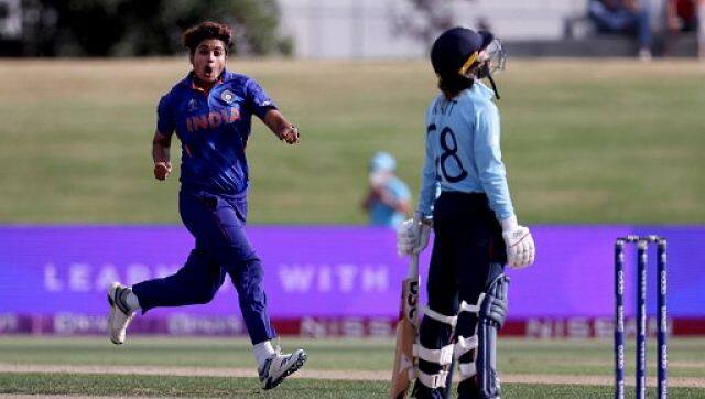 Meghna Singh celebrates the wicket of Danii Wyatt. Meghna finished with figures of 3/26, an impressive spell among the Indian bowlers. AFP 