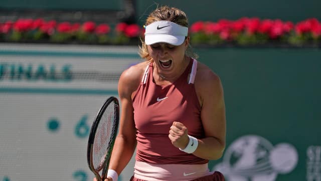 Spain's Paula Badosa reacts after winning a point against Russia's Veronika Kudermetova in the quarter-finals of the BNP Paribas Open at Indian Wells, California. AP