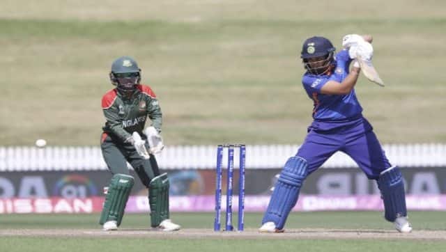 India’s Shafali Verma plays a shot as Bangladesh’s wicketkeeper Nigar Sultana Joty watches on during the 2022 Women’s Cricket World cup match between India and Bangladesh at Seddon Park in Hamilton on 22 March, 2022. AFP File 