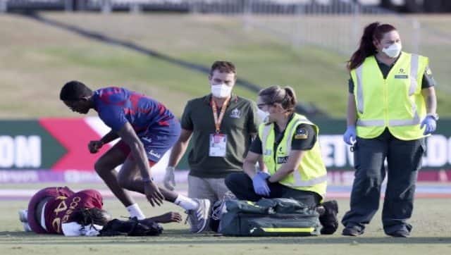 West Indies Shamilia Connell receives attention after collapsing on the field during the 2022 Women’s Cricket World cup match between the West Indies and Bangladesh at Bay Oval in Tauranga on Friday. AFP 