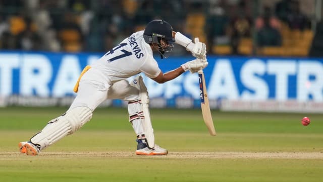 India's Shreyas Iyer bats during the second day of the second cricket test match between India and Sri Lanka in Bengaluru, India, Sunday, March 13, 2022. (AP Photo/Aijaz Rahi)