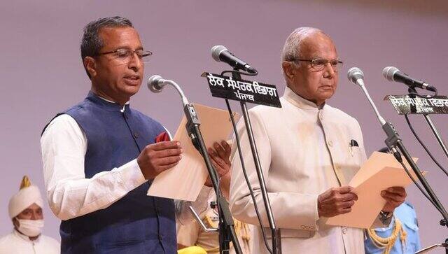 Vijay Singhla takes oath in Punjab on Saturday. Twitter/ @AamAadmiParty