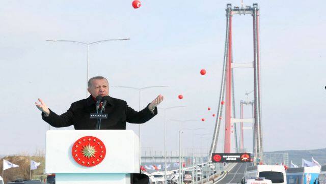 Turkish president Recep Tayyip Erdogan delivering a speech during the inauguration ceremony of the 1915 Canakkale Bridge over the Dardanelles strait and the Malkara-Canakkale Motorway, in Canakkale, northwestern Turkey. Work on the bridge began in March 2018 and over 5,000 workers toiled to complete this project. AFP