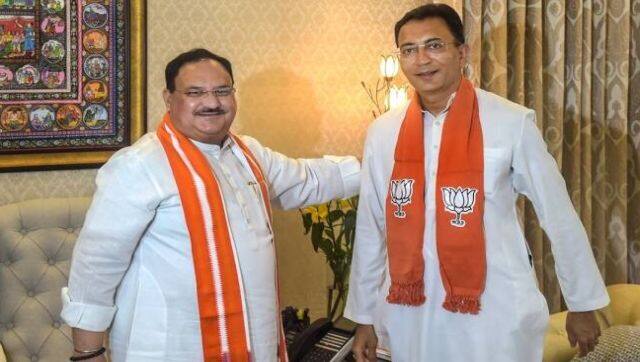File image of BJP national president JP Nadda with newly joined BJP leader Jitin Prasada, at his residence in New Delhi. PTI