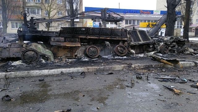 A view of heavy damage in the residential area of Borodyanka, on the outskirts of Kyiv. AP
