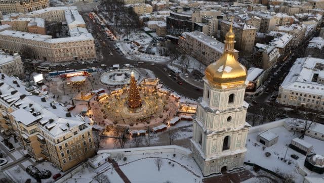 File image of St Sophia Cathedral, foreground, and St. Michael Cathedral, background, in Kyiv. AP
