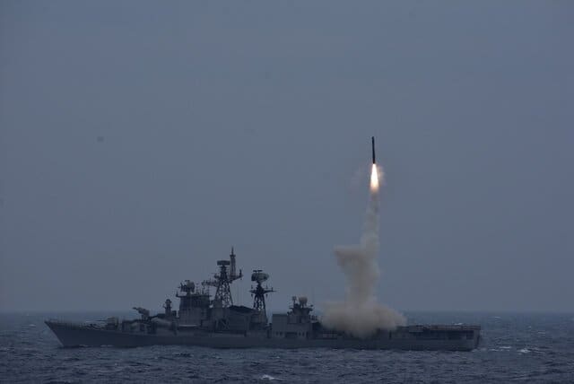 The Indian Navy tests fire a BrahMos missile from destroyer INS Ranvijay on 1 December, 2020. Image: Twitter/@indiannavy