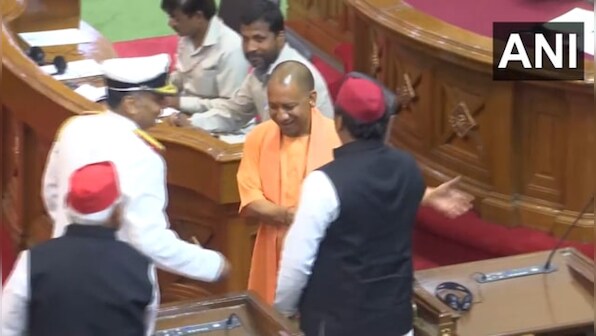 Watch: Yogi Adityanath and Akhilesh Yadav smile, greet each other in UP Assembly