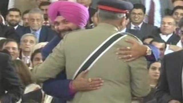 Navjot Singh Sidhu hugs Pakistan army chief General Qamar Javed Bajwa at Imran Khan’s swearing-in ceremony. ANI