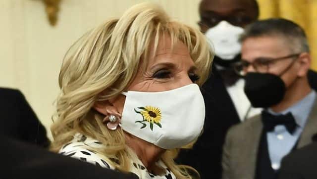 US first lady Jill Biden wears a sunflower mask, the national flower of Ukraine, in support for the Ukrainian people, during an event celebrating Black History Month in the East Room of the White House in Washington, DC. AFP