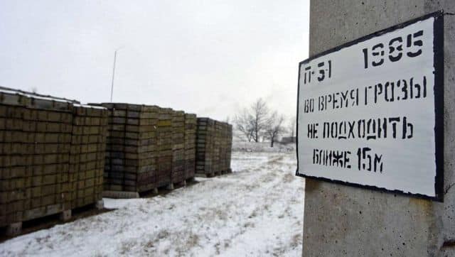 File image of boxes of ammunition stored in the open-air Russian ammunition depot near the small Transdniestrian village of Cobasna, about 100 km from Tiraspol. The warning reads 