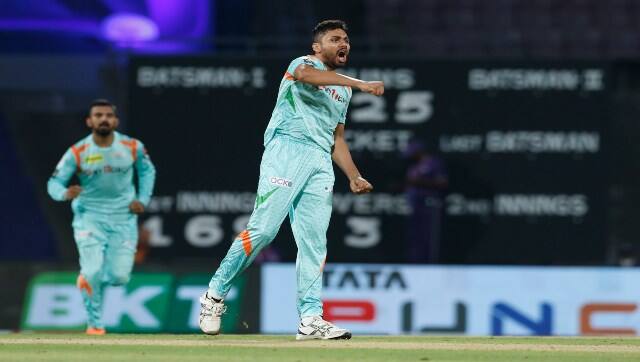 Avesh Khan of Lucknow Super Giants celebrates the wicket of Sunrisers Hyderabad captain Kane Williamson during match 12 of the IPL 2022 at the DY Patil Stadium in Mumbai on Monday. Sportzpics for IPL