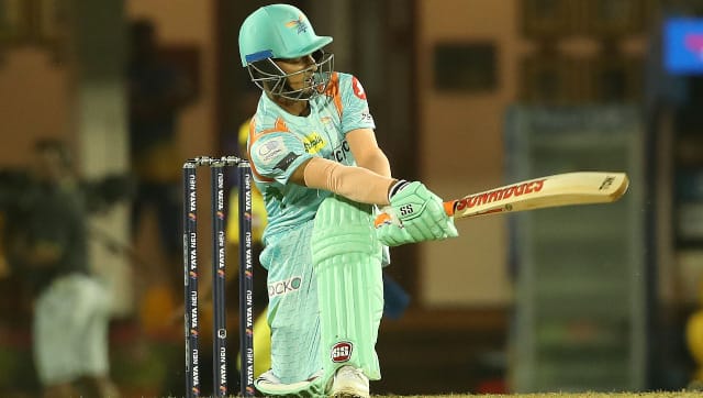 Ayush Badoni of Lucknow super giants hits over the top for six during match 7 of the TATA Indian Premier League 2022 (IPL season 15) between the Lucknow Super Giants and the Chennai Superkings held at the Brabourne Stadium (CCI) in Mumbai on the 31st March 2022 Photo by Ron Gaunt / Sportzpics for IPL
