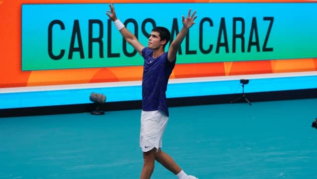 Carlos Alcaraz of Spain celebrates after beating Casper Ruud of Norway, 7-5, 6-4, during the men’s singles finals of the Miami Open tennis tournament, Sunday, April 3, 2022, in Miami Gardens, Fla. (AP Photo/Wilfredo Lee)