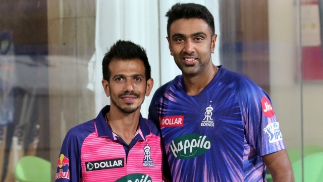 R. Ashwin of Rajasthan Royals and Yuzvendra Chahal of Rajasthan Royals during match 9 of the TATA Indian Premier League 2022 (IPL season 15) between the Mumbai Indians and the Rajasthan Royals held at the DY Patil Stadium in Mumbai on the 2nd April 2022 Photo by Rahul Goyal / Sportzpics for IPL