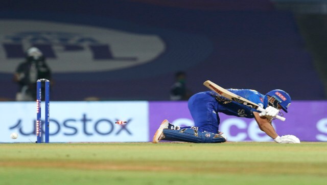 Ishan Kishan of Mumbai Indians is bowled by Mukesh Choudhary of the Chennai Superkings during match 33 of the TATA Indian Premier League 2022 (IPL season 15) between the Mumbai Indians and the Chennai Superkings held at the DY Patil Stadium in Mumbai on the 21st April 2022. Sportzpics