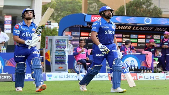 Ishan Kishan of Mumbai Indians and Rohit Sharma captain of Mumbai Indians enter to the field of play during match 9 of the TATA Indian Premier League 2022 (IPL season 15) between the Mumbai Indians and the Rajasthan Royals held at the DY Patil Stadium in Mumbai on the 2nd April 2022 Photo by Rahul Goyal / Sportzpics for IPL