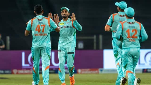 Lucknow Super Giants players celebrates the wicket of Rahul Chahar of Punjab Kings during match 42 of the TATA Indian Premier League 2022 (IPL season 15) between the Punjab Kings and the Lucknow Super Giants held at the MCA International Stadium in Pune on the 29th April 2022 Photo by Vipin Pawar / Sportzpics for IPL