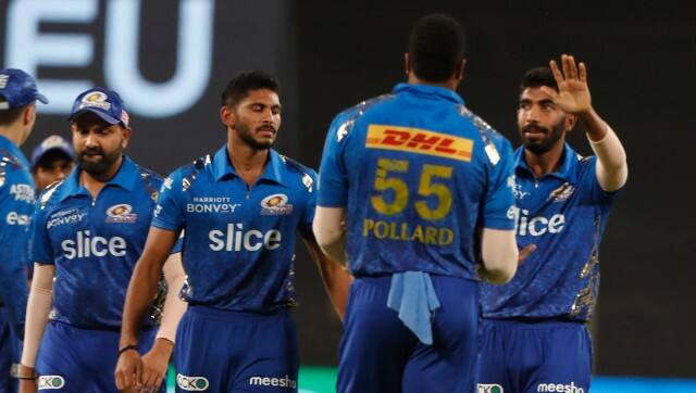 Jasprit Bumrah of Mumbai Indians celebrates the wicket of Liam Livingstone of Punjab Kings during match 23 of the TATA Indian Premier League 2022 (IPL season 15) between the Mumbai Indians and the Punjab Kings held at the MCA International Stadium in Pune on the 13th April 2022 Photo by Pankaj Nangia / Sportzpics for IPL