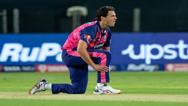 Nathan Coulter-Nile of Rajasthan Royals reacts after he slips during match 5 of the TATA Indian Premier League 2022 (IPL season 15) between the Sunrisers Hyderabad and the Rajasthan Royals held at the MCA International Stadium in Pune on the 29th March 2022. Photo by Vipin Pawar / Sportzpics for IPL