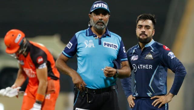 Rashid Khan of Gujarat Titans reacts during match 40 of the TATA Indian Premier League 2022 (IPL season 15) between the Gujarat Titans and the Sunrisers Hyderabad held at the Wankhede stadium in Mumbai on the 27th April 2022 Photo by Deepak Malik / Sportzpics for IPL