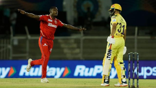 Kagiso Rabada of Punjab Kings celebrating the wicket of Ruturaj Gaikwad of the Chennai Superkings during match 11 of the TATA Indian Premier League 2022 (IPL season 15) between the Chennai Superkings and the Punjab Kings held at the Brabourne Stadium (CCI) in Mumbai on the 3rd April 2022 Photo by Saikat Das / Sportzpics for IPL
