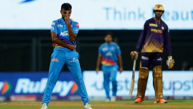 Chetan Sakariya celebrates Aaron Finch's wicket. Sportzpics