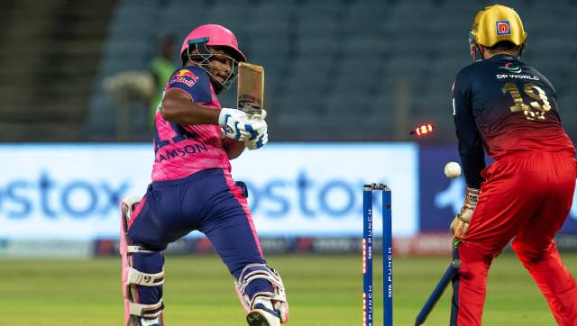 RR's Sanju Samson gets clean bowled by RCB's Wanindu Hasaranga during match 39 of IPL 2022 at MCA Stadium, Pune on Tuesday. Sportzpics