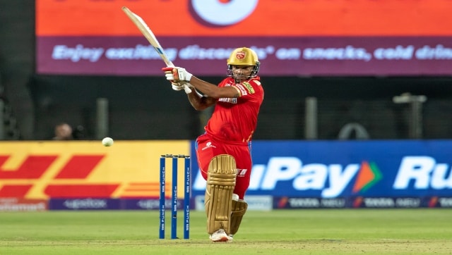 Shikhar Dhawan of Punjab Kings plays a shot against Mumbai Indians on 13 April, 2022. Sportzpics 