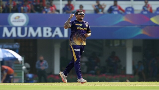 Sunil Narine of the Kolkata Knight Riders celebrates the wicket of Lalit Yadav of Delhi Capitals during match 19 of the TATA Indian Premier League 2022 (IPL season 15) between the Kolkata Knight Riders and the Delhi Capitals held at the Brabourne Stadium (CCI) in Mumbai on the 10th April 2022 Sportzpics 