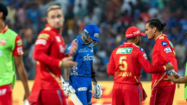 Mumbai Indians middle-order mainstay Suryakumar Yadav heads back to the dugout after getting dismissed for 43 off Kagiso Rabada's bowling. Sportzpics