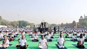 Lok Sabha Speaker Om Birla and Union Minister Sarbananda Sonowal doing YOga at Red Fort: Twitter