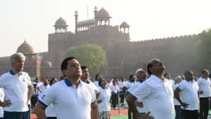 Lok Sabha Speaker Om Birla and Union Minister Sarbananda Sonowal doing YOga at Red Fort: Twitter