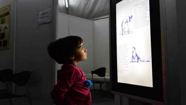 A child looks at a display board showing different types of yoga positions during the sixth World Ayurveda Congress and Arogya Expo in New Delhi in 2014. AFP
