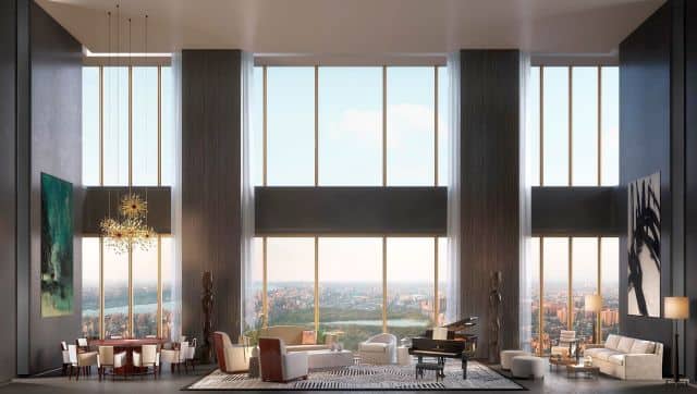 What a view! Each unit inside the tapered building has floor-to-ceiling windows and other luxurious amenities. Image Courtesy: https://111w57.com/
