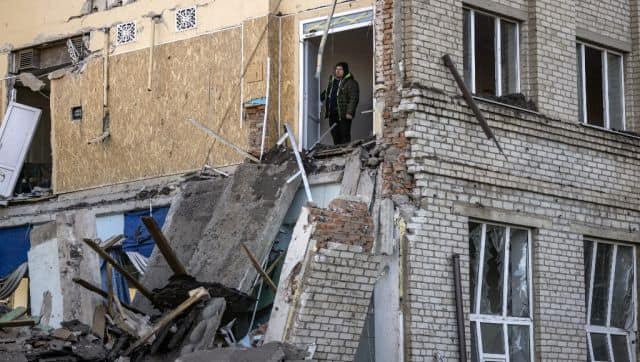 A man stands inside a damaged school in Kramatorsk, Donbas region of eastern Ukraine. AFP