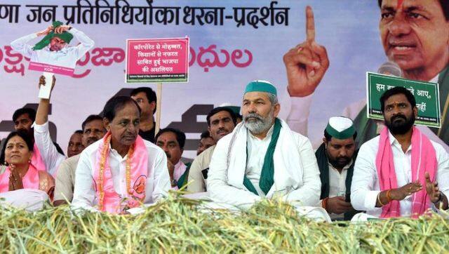 Bharatiya Kisan Union leader Rakesh Tikait joined Telangana Chief Minister K Chandrashekar Rao's protest in Delhi. ANI