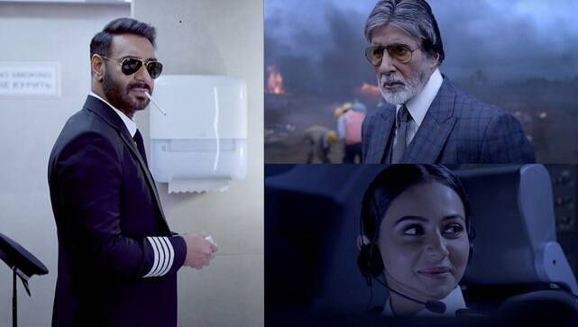 A collage featuring Ajay Devgn, Amitabh Bachchan and Rakul Preet Singh in Runway 34