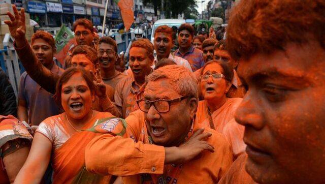 BJP followers celebrate the party’s resounding victory in Uttar Pradesh in March 2017. AFP