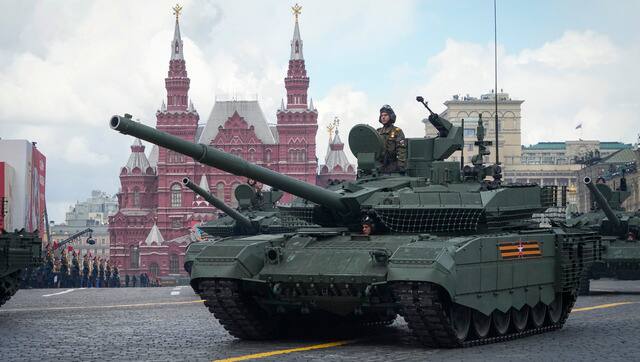 Russian tanks roll during the Victory Day military parade in Moscow, Russia, 9 May, 2022. AP