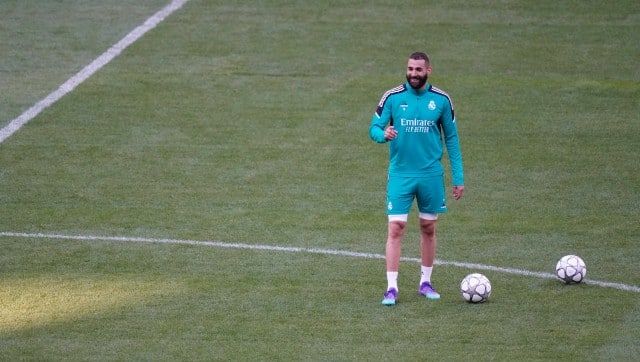 Real Madrid's Karim Benzema attends a training session at the Stade de France in Saint Denis near Paris, Friday, May 27, 2022. Liverpool and Real Madrid are making their final preparations before facing each other in the Champions League final soccer match on Saturday. (AP Photo/Kirsty Wigglesworth)