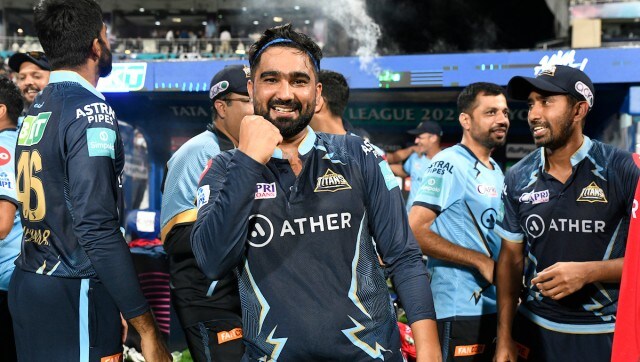 Gujarat Titans player Rahul Tewatia and team at the dugout celebrates their teams win during the Qualifier 1 match of the TATA Indian Premier League 2022 (IPL season 15) between the Gujarat Titans and the Rajasthan Royals held at the Eden Gardens Stadium in Kolkata on the 24th May 2022 Photo by SAMUEL RAJKUMAR / Sportzpics for IPL