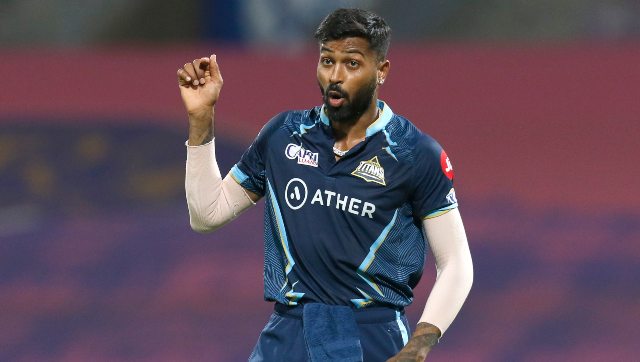 Hardik Pandya Captain of Gujarat Titans reacts during match 48 of the TATA Indian Premier League 2022 (IPL season 15) between the Gujarat Titans and the Punjab Kings held at the DY Patil Stadium in Mumbai on the 3rd May 2022. Sportzpics for IPL